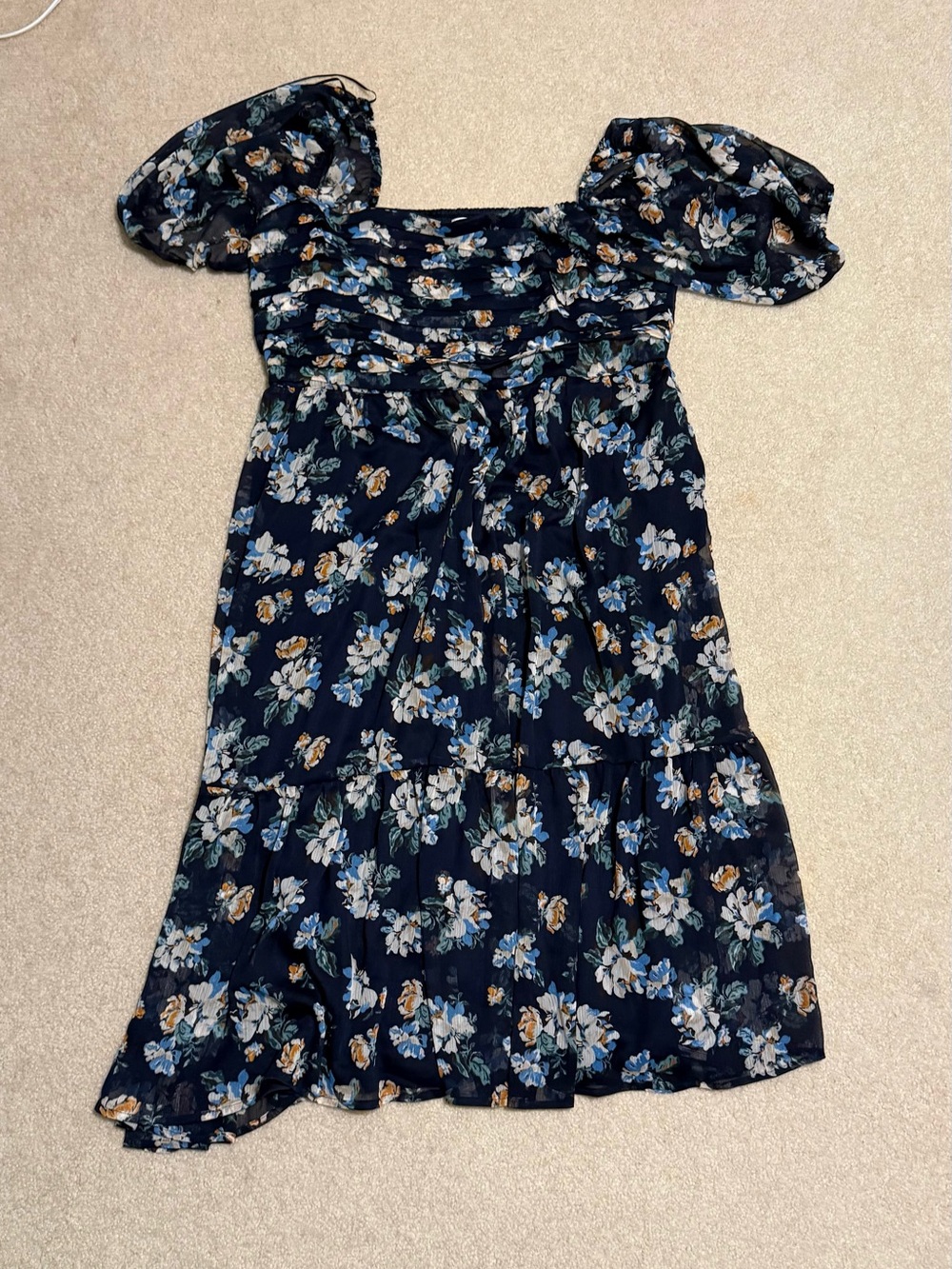 NWOT LC Lauren Conrad Navy Floral Midi Dress with Puff Sleeves, size XXL